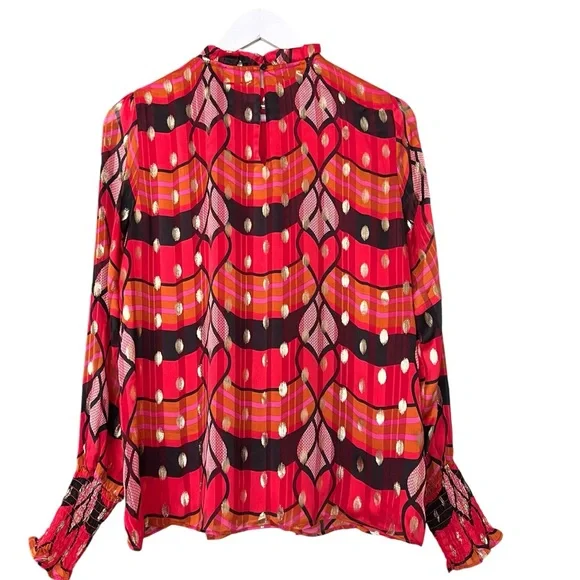 New JOIE Multicolored Ruffle Mandarin Collar Puff Sleeve Blouse Gold Accent Sz M - Picture 7 of 12